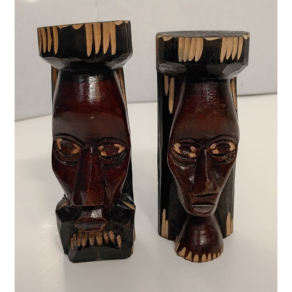 VTG Jamaican Hand Carved Wooden Tiki Statues Totem Man Woman Pair Folk Art 5"